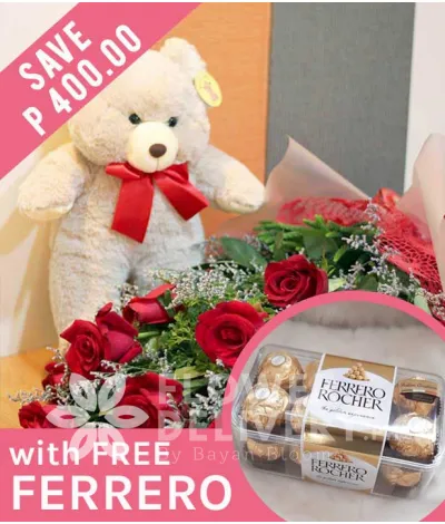 1 Dozen Ecuadorian Red Roses with Bear and Free Ferrero 1 Dozen Ecuadorian Red Roses with Bear and Free Ferrero