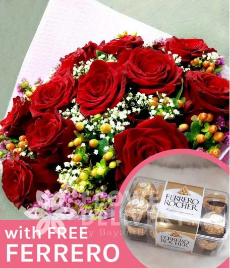 1 Dozen Ecuadorian Red Roses with Free Ferrero Chocolates