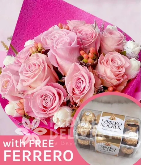 1 Dozen Pink Ecuadorian Roses and 1 Dozen White Tulips with Free Ferrero Chocolates