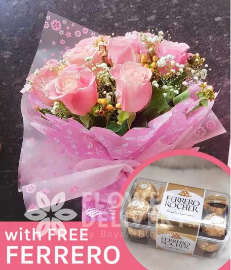 1 Dozen Pink Ecuadorian Roses with free Ferrero Chocolates
