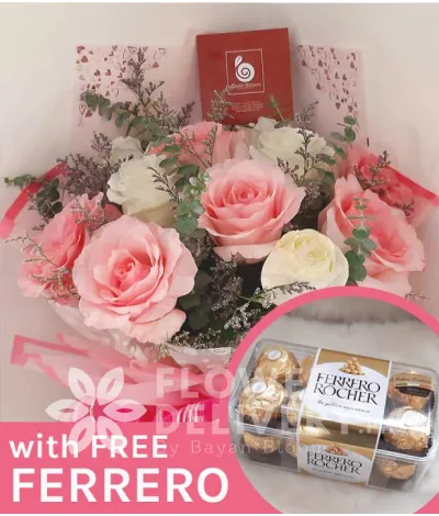 1 Dozen Pink and White Ecuadorian Roses with Free Ferrero Chocolates 1 Dozen Pink and White Ecuadorian Roses with Free Ferrero Chocolates