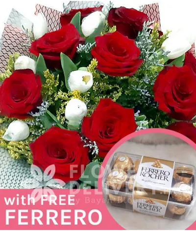 1 Dozen Red Ecuadorian Roses and 1 Dozen White Tulips with Free Ferrero Chocolates 1 Dozen Red Ecuadorian Roses and 1 Dozen White Tulips with Free Ferrero Chocolates