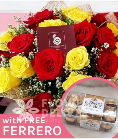 1 Dozen Yellow and 1 Dozen Red Ecuadorian Roses with free Ferrero Chocolates