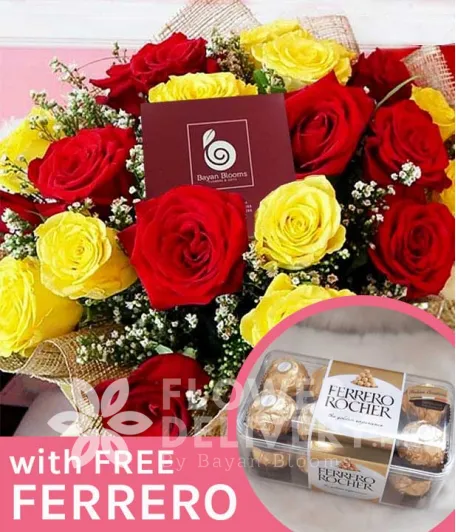 1 Dozen Yellow and 1 Dozen Red Ecuadorian Roses with free Ferrero Chocolates