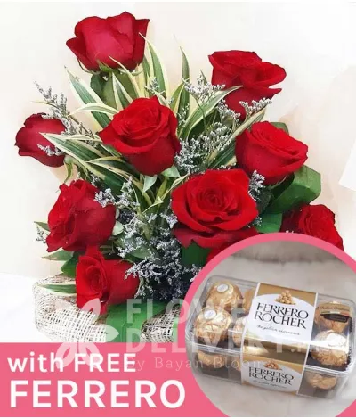 10 pcs. Ecuadorian Red Roses with Free Ferrero Chocolates 10 pcs. Ecuadorian Red Roses with Free Ferrero Chocolates