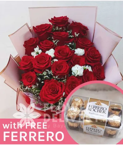 18 pcs. Ecuadorian Red Roses with free Ferrero Chocolates