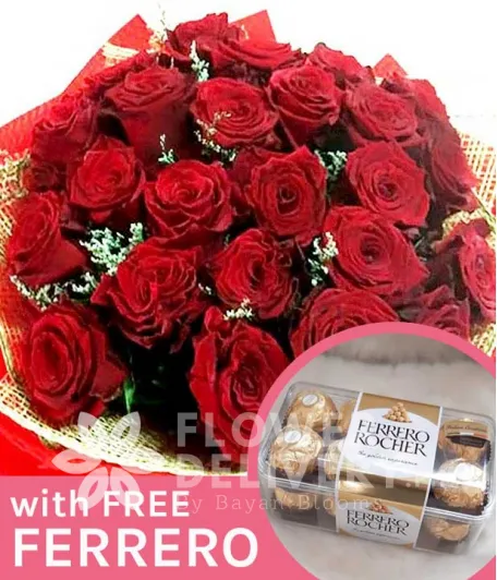 2 Dozen Ecuadorian Red Roses with Free Ferrero Chocolates