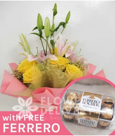 8 pcs. Yellow Ecuadorian Roses with Stargazers with Free Ferrero Chocolates 8 pcs. Yellow Ecuadorian Roses with Stargazers with Free Ferrero Chocolates
