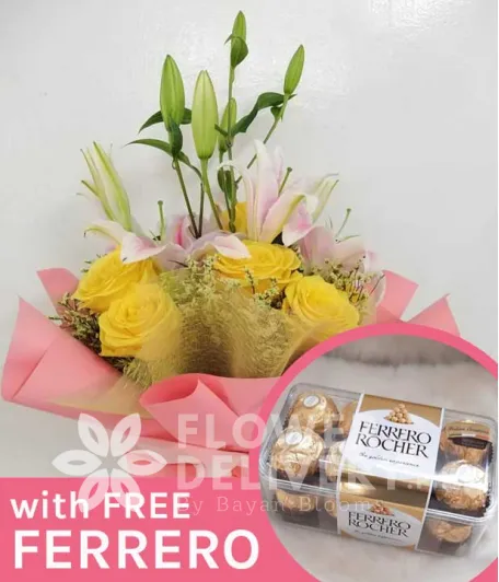 8 pcs. Yellow Ecuadorian Roses with Stargazers with Free Ferrero Chocolates 8 pcs. Yellow Ecuadorian Roses with Stargazers with Free Ferrero Chocolates