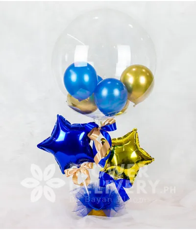 Charming Blue Roses Spray with Bobo and Star Balloons