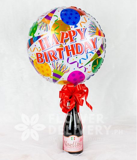 Happy Birthday Balloon with Wine and Red Ribbon