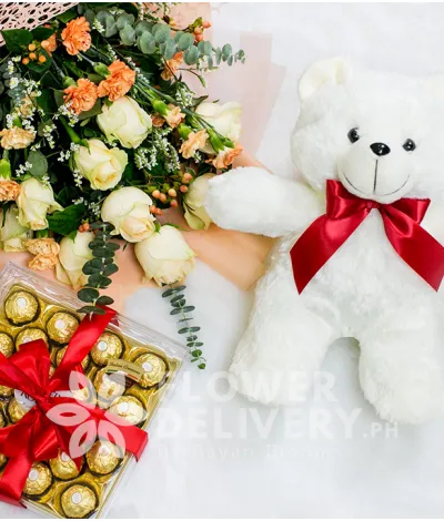 Imported Peach Roses Bundle with Chocolates and Bear Imported Peach Roses Bundle with Chocolates and Bear