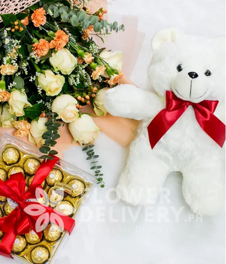 Imported Peach Roses Bundle with Chocolates and Bear