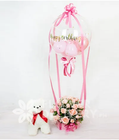 Box of Pink Roses with Bobo Balloon and Bear Box of Pink Roses with Bobo Balloon and Bear