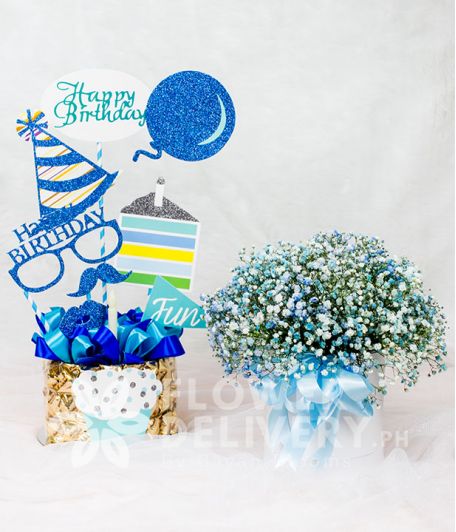 Box of Sky Blue Gypsophila with HBD Banner and Chocolates