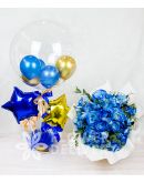 Charming Blue Roses Spray with Bobo and Star Balloons