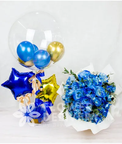 Charming Blue Roses Spray with Bobo and Star Balloons