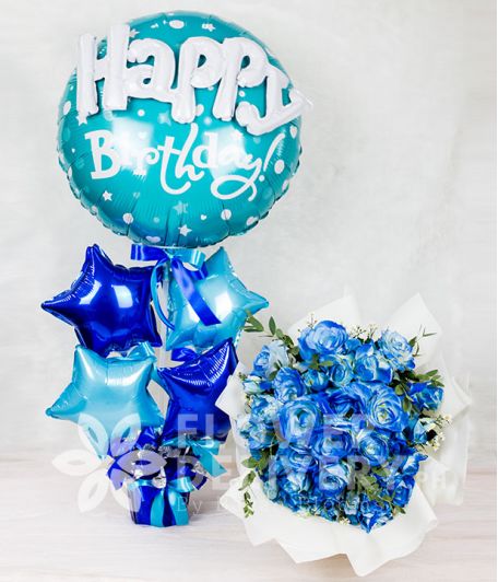Charming Blue Roses Spray with HBD Balloon and Star Balloons