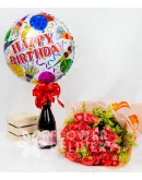 Elegant Pomelo Rose Bouquet with HBD Balloon and Wine