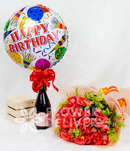 Elegant Pomelo Rose Bouquet with HBD Balloon and Wine
