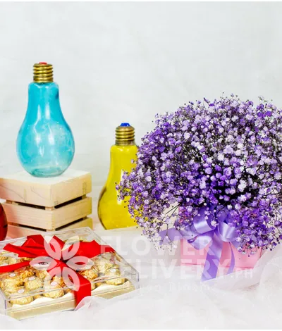 Pink Box of Purple Gypsophila with Ferrero Chocolates Pink Box of Purple Gypsophila with Ferrero Chocolates