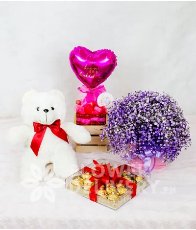 Pink Box of Purple Gypsophila and Gifts Bundle Pink Box of Purple Gypsophila and Gifts Bundle