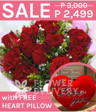 1 Dozen Imported Red Roses with Heart Pillow