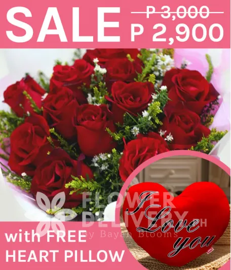 1 Dozen Imported Red Roses with Heart Pillow