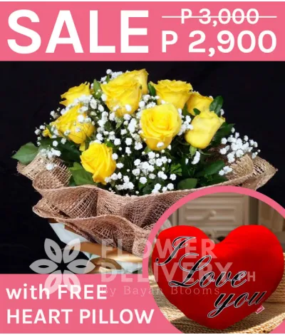 1 Dozen Imported Yellow Roses with Heart Pillow