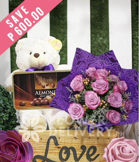 1 Dozen Lavender Roses with Bear and Alfredo Almond Milk Chocolate