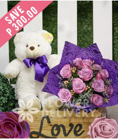 1 Dozen Lavender Roses with Bear 1 Dozen Lavender Roses with Bear