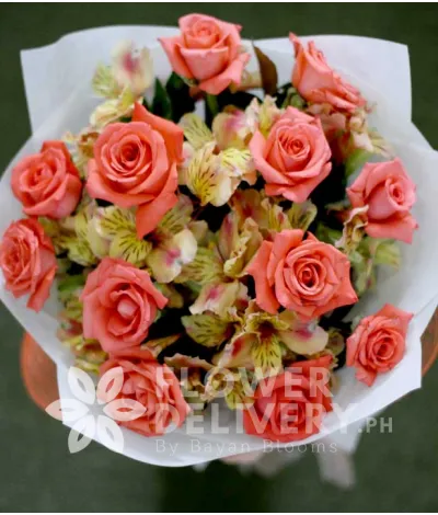 1 Dozen Peach Roses w/ Alstroemeria (Round Bouquet) 1 Dozen Peach Roses w/ Alstroemeria (Round Bouquet)