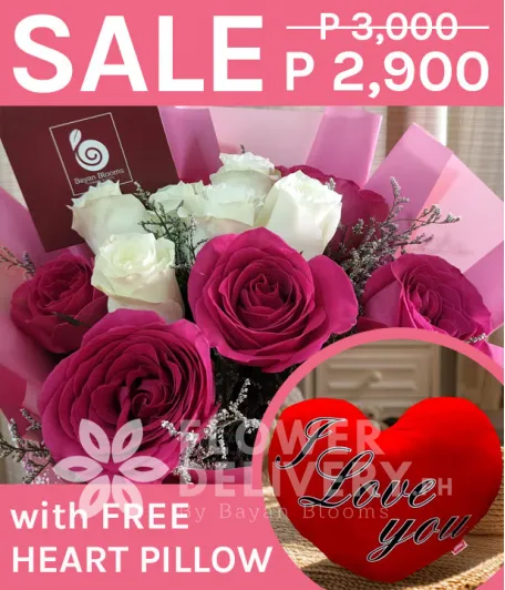 1 Dozen Imported Pink and White Roses with Heart Pillow 1 Dozen Imported Pink and White Roses with Heart Pillow
