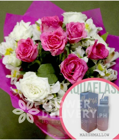 1 Dozen Pink and White Roses with Aquaflask Tumbler 32oz Marshmallow