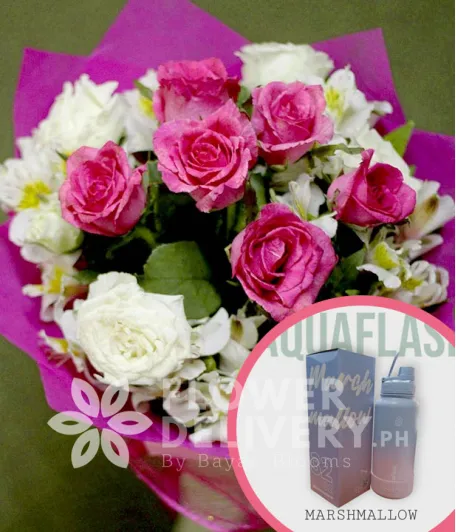 1 Dozen Pink and White Roses with Aquaflask Tumbler 32oz Marshmallow
