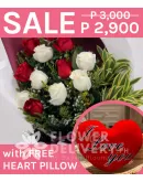 1 Dozen Imported Red and White Roses with Heart Pillow 1 Dozen Imported Red and White Roses with Heart Pillow