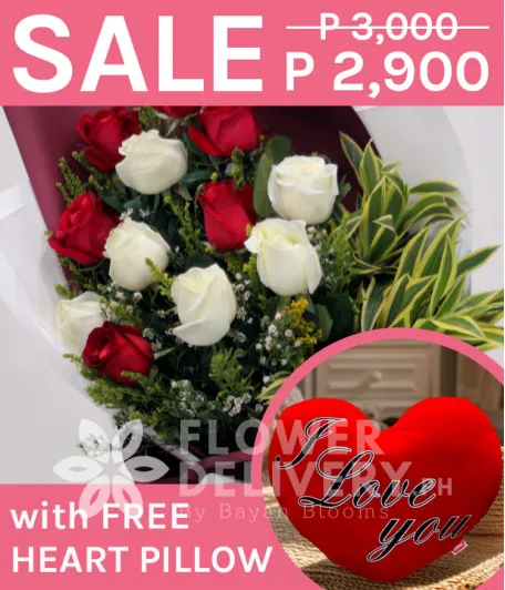 1 Dozen Imported Red and White Roses with Heart Pillow 1 Dozen Imported Red and White Roses with Heart Pillow