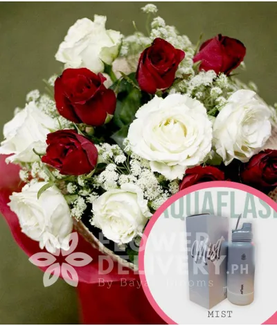 1 Dozen Red and White Roses with Aquaflask Tumbler 32oz Mist