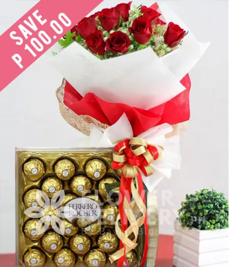 1 Dozen Red Roses and 24 pcs. Ferrero