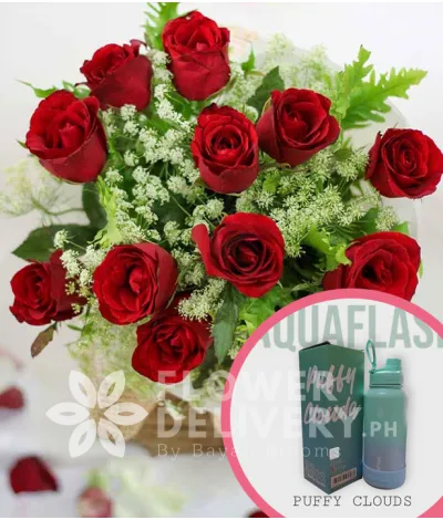 1 Dozen Red Roses (Round Bouquet) with Aquaflask Tumbler 32oz Puffy Clouds