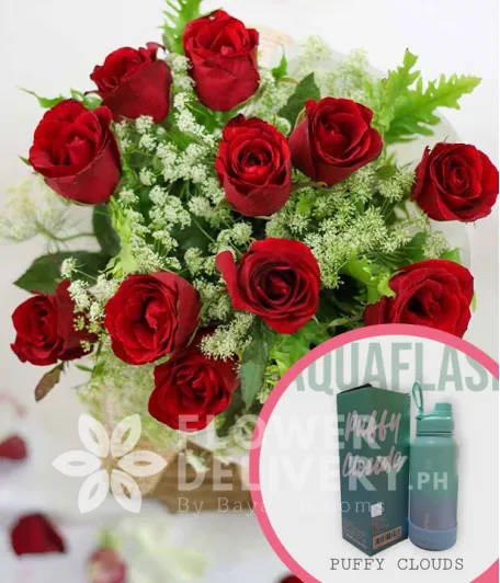 1 Dozen Red Roses (Round Bouquet) with Aquaflask Tumbler 32oz Puffy Clouds