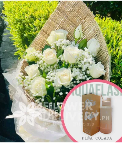 1 Dozen White Roses with Aquaflask Tumbler 32oz Pina Colada