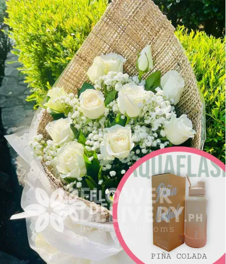 1 Dozen White Roses with Aquaflask Tumbler 32oz Pina Colada
