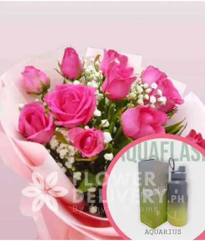 1 Dozen Pink Roses Round Bouquet with Aquaflask Tumbler 32oz Aquarius