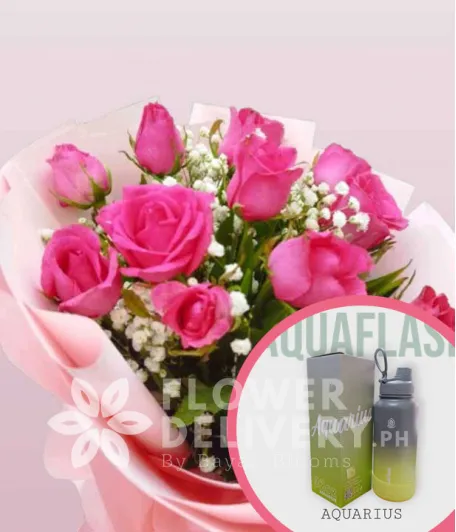 1 Dozen Pink Roses Round Bouquet with Aquaflask Tumbler 32oz Aquarius