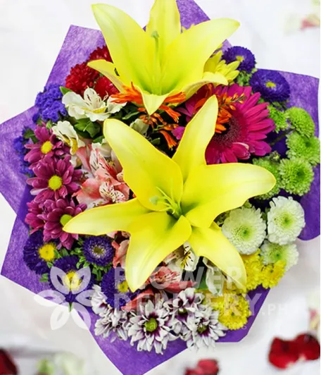 2 Yellow Lilies with Mixed Colorful Flowers