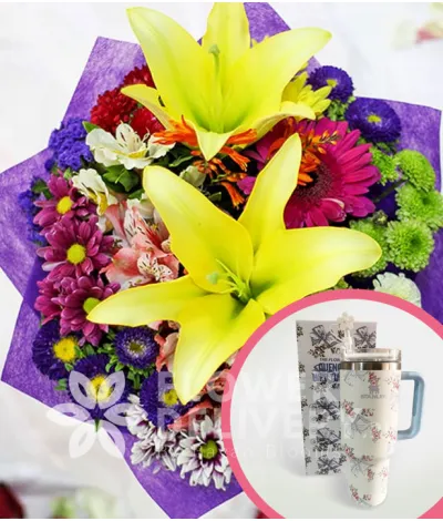 2 Yellow Lilies with Mixed Colorful Flowers with Stanley H2.O Tumbler 40oz Blue White