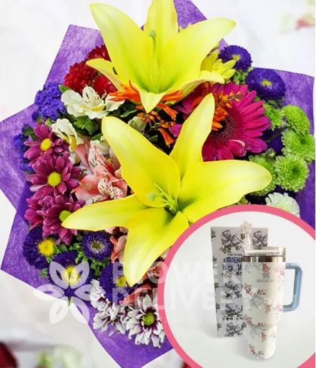 2 Yellow Lilies with Mixed Colorful Flowers with Stanley H2.O Tumbler 40oz Blue White