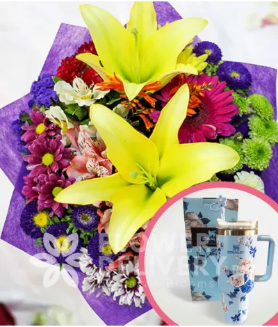 2 Yellow Lilies with Mixed Colorful Flowers with Stanley H2.O Tumbler 40oz Blue