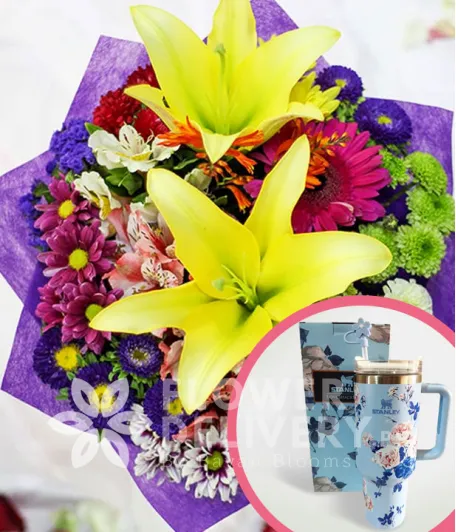 2 Yellow Lilies with Mixed Colorful Flowers with Stanley H2.O Tumbler 40oz Blue